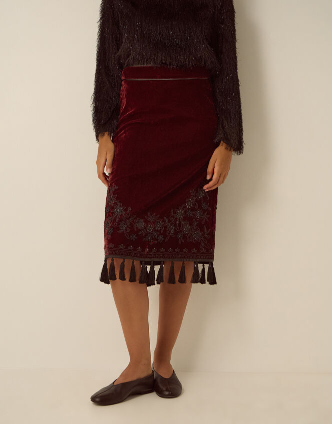 Mila Embellished Velvet Knee Length Skirt, Red (BURGUNDY), large