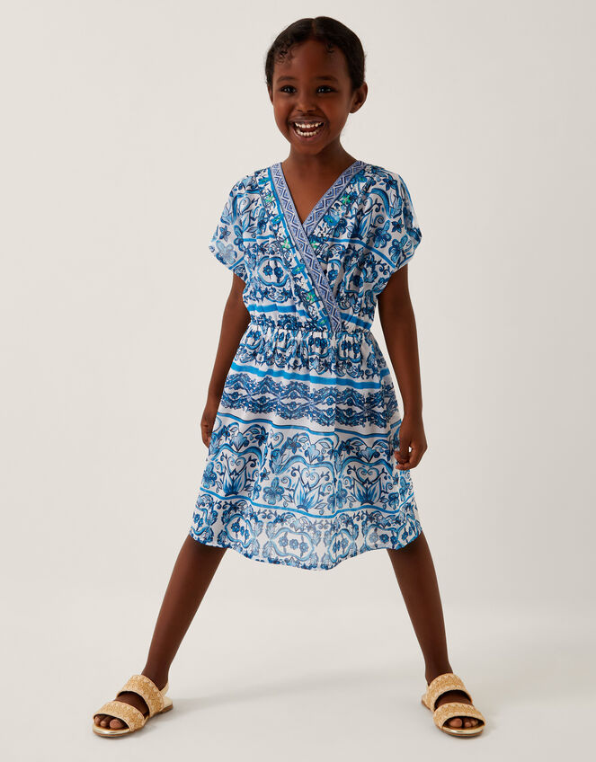 Ornate Floral Print Kaftan Dress, Blue (BLUE), large