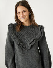Double Frill V-Detail Dress, Grey (CHARCOAL), large
