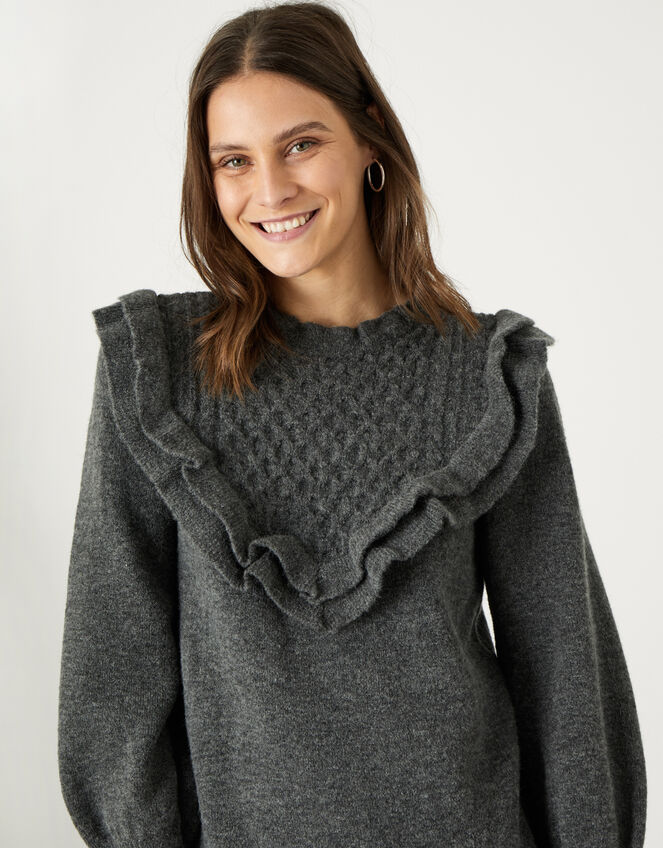 Double Frill V-Detail Dress, Grey (CHARCOAL), large