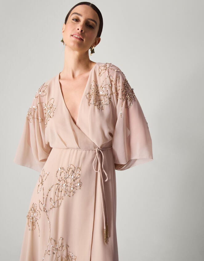 Skyla Floral Embellished Maxi Wrap Dress, Nude (NUDE), large