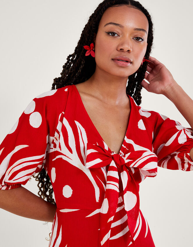 Abstract Palm Print Tie Front Midi Dress Red