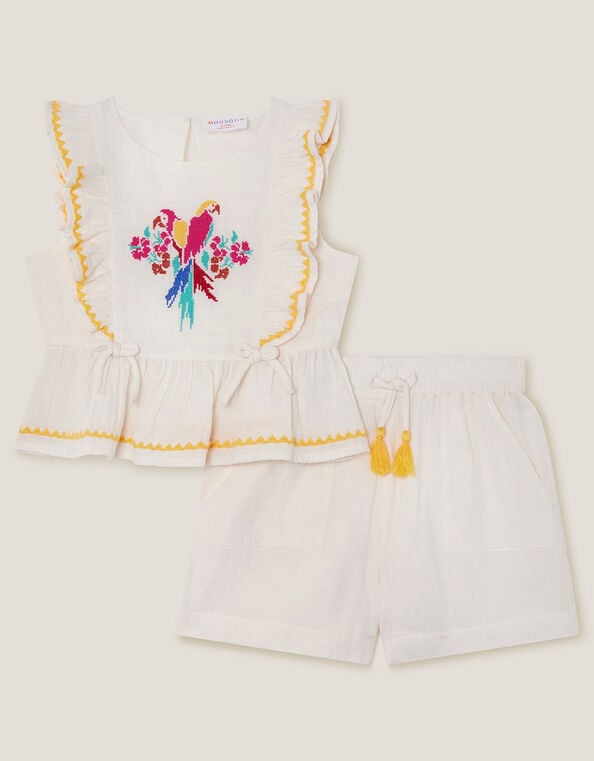 Parrot Embroidered Top & Shorts Set, Ivory (IVORY), large
