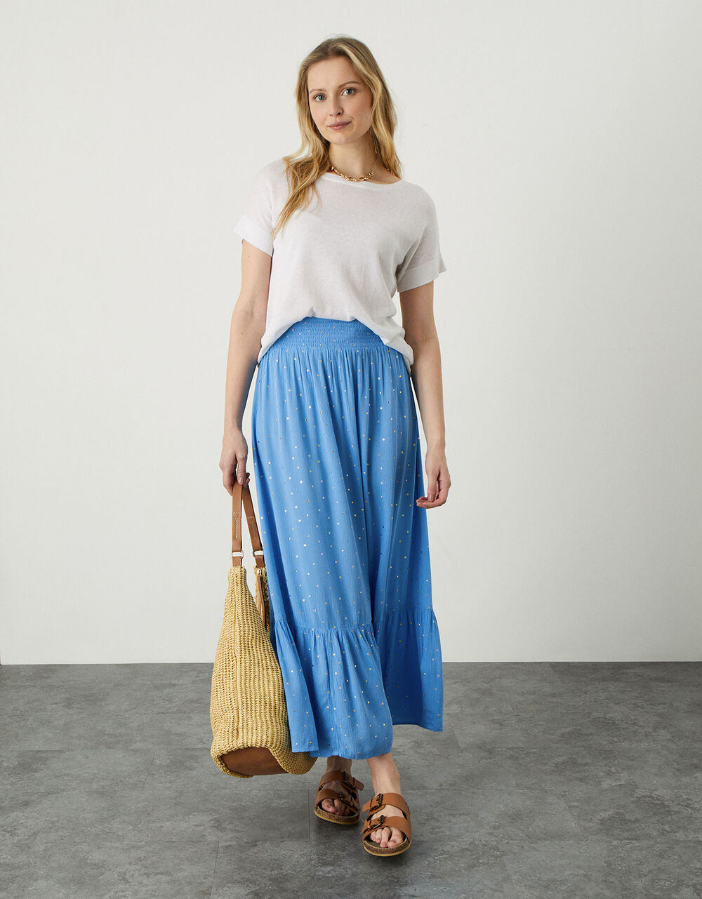 Women Women's Clothing | Boho Foil Maxi Tier Skirt Blue - XG54922