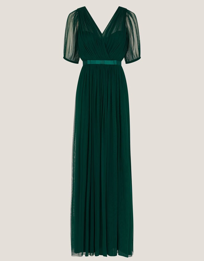Ellie Sheer Sleeve Plunge Tulle Maxi Dress Green