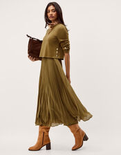 Penny Pleated Midi Dress, Green (OLIVE), large