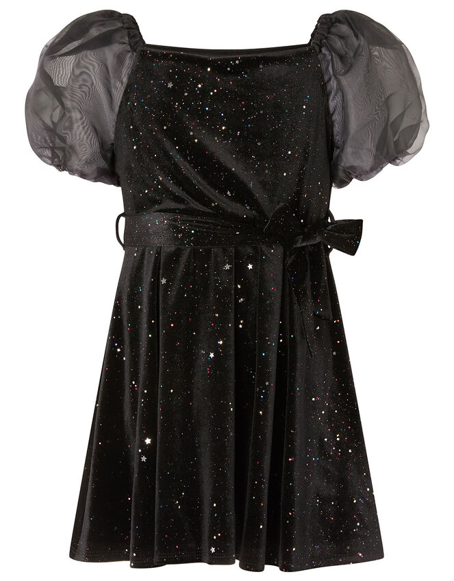 Puff Sleeve Sparkle Velvet Dress, , large