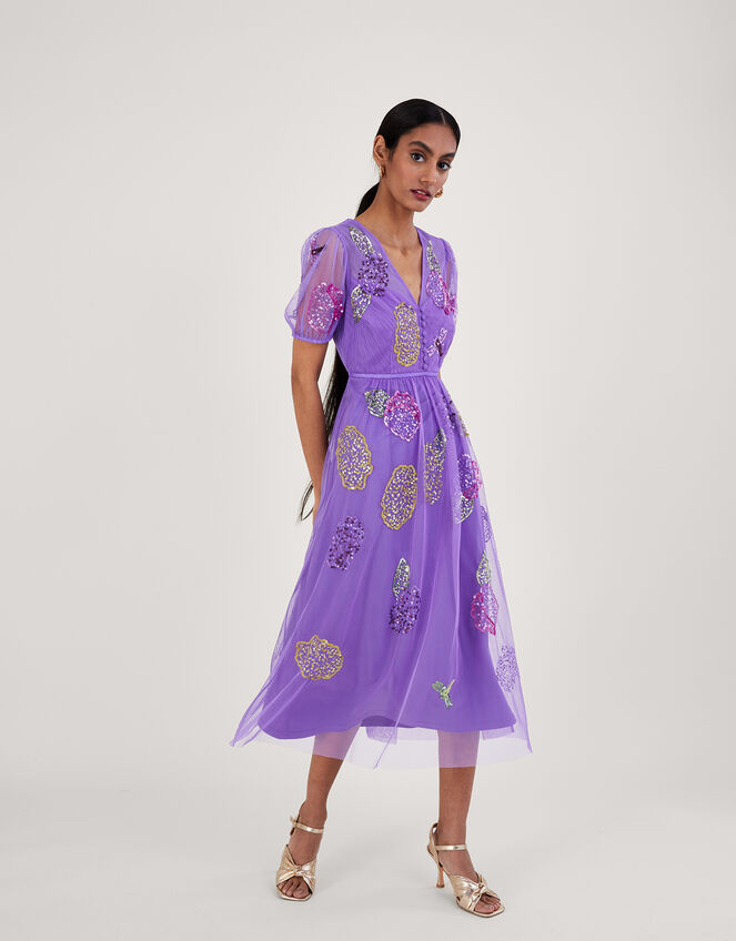 Diana Embellished Tea Dress in Recycled Polyester, Purple (LILAC), large
