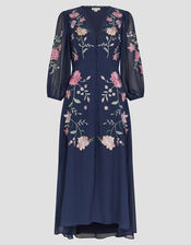 Emani Floral Embroidered Midi Tea Dress, Blue (NAVY), large