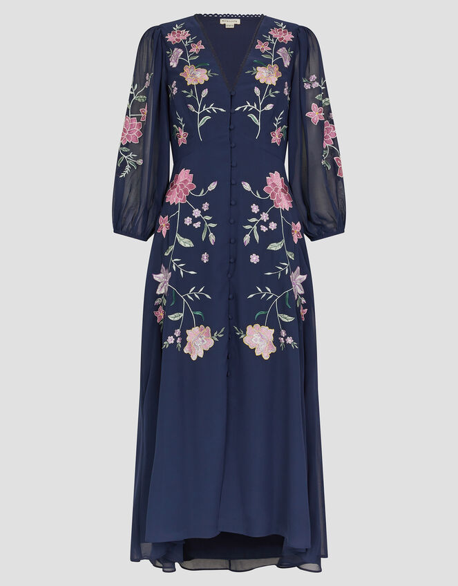 Emani Floral Embroidered Midi Tea Dress, Blue (NAVY), large