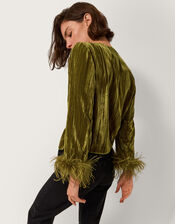 Olivia Feather Cuff Velvet Jacket, Green (OLIVE), large