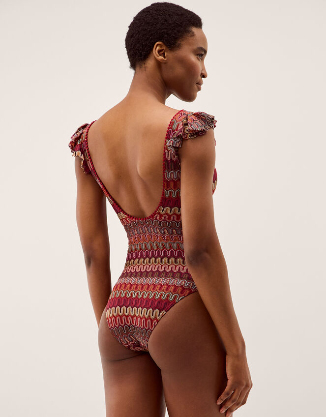 Zaria Plunge Knit Ruffle Swimsuit Red