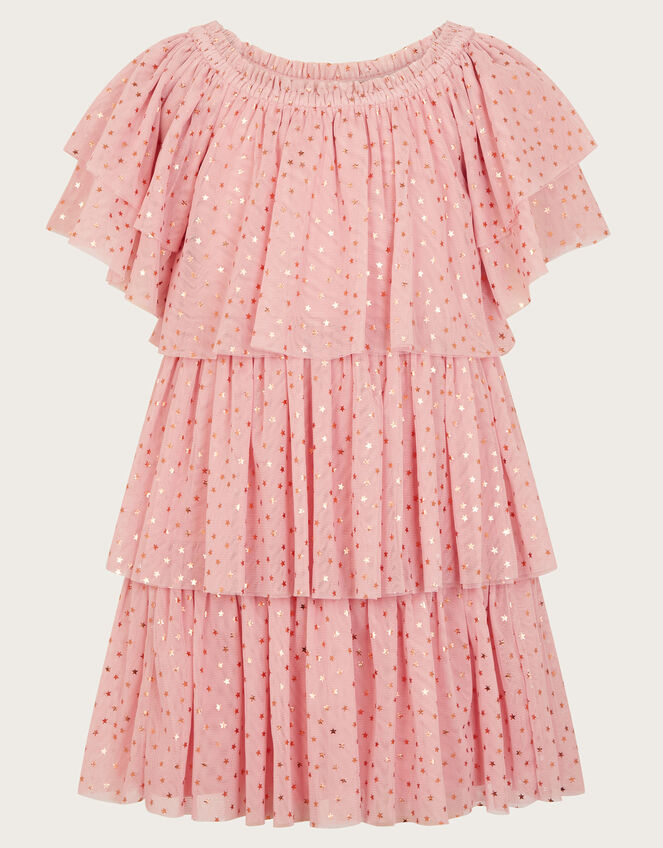 Metallic Star Tiered Mesh Dress, Pink (PINK), large