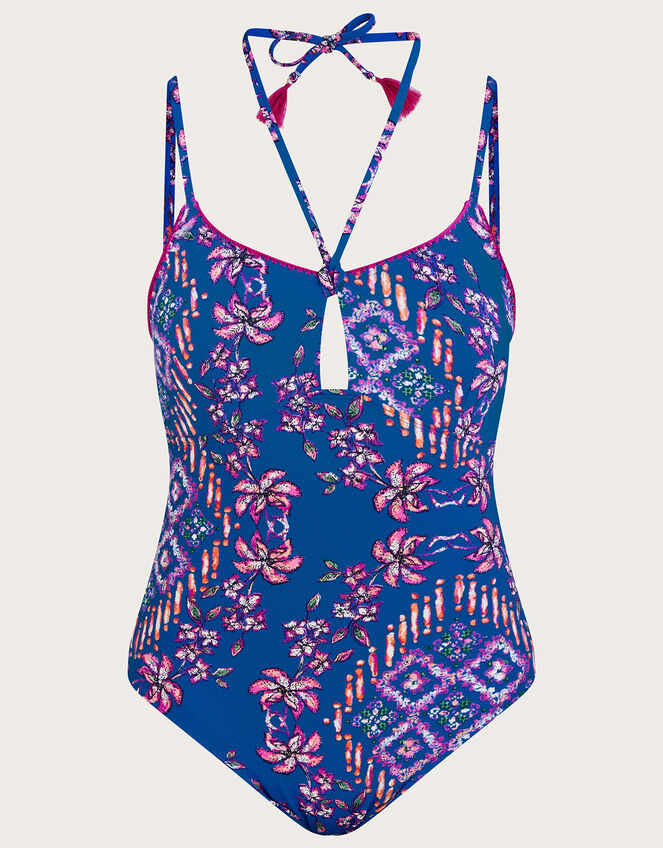 Floral Print Strap Multi Strap Swimsuit with Recycled Polyester, Blue (COBALT), large
