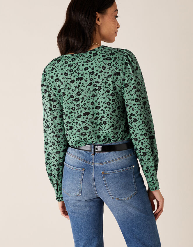 Floral V-Neck Long Sleeve Top, Green (GREEN), large