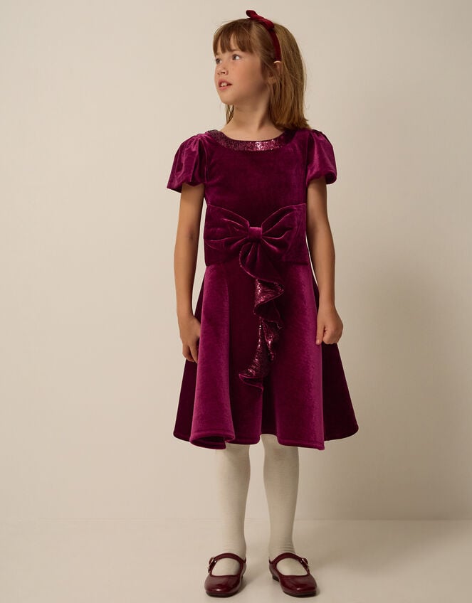 Genevieve Sequin Bow Velvet Party Dress, Red (BURGUNDY), large