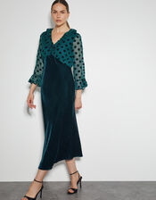 Dora Polka Dot Velvet Midi Dress, Teal (TEAL), large