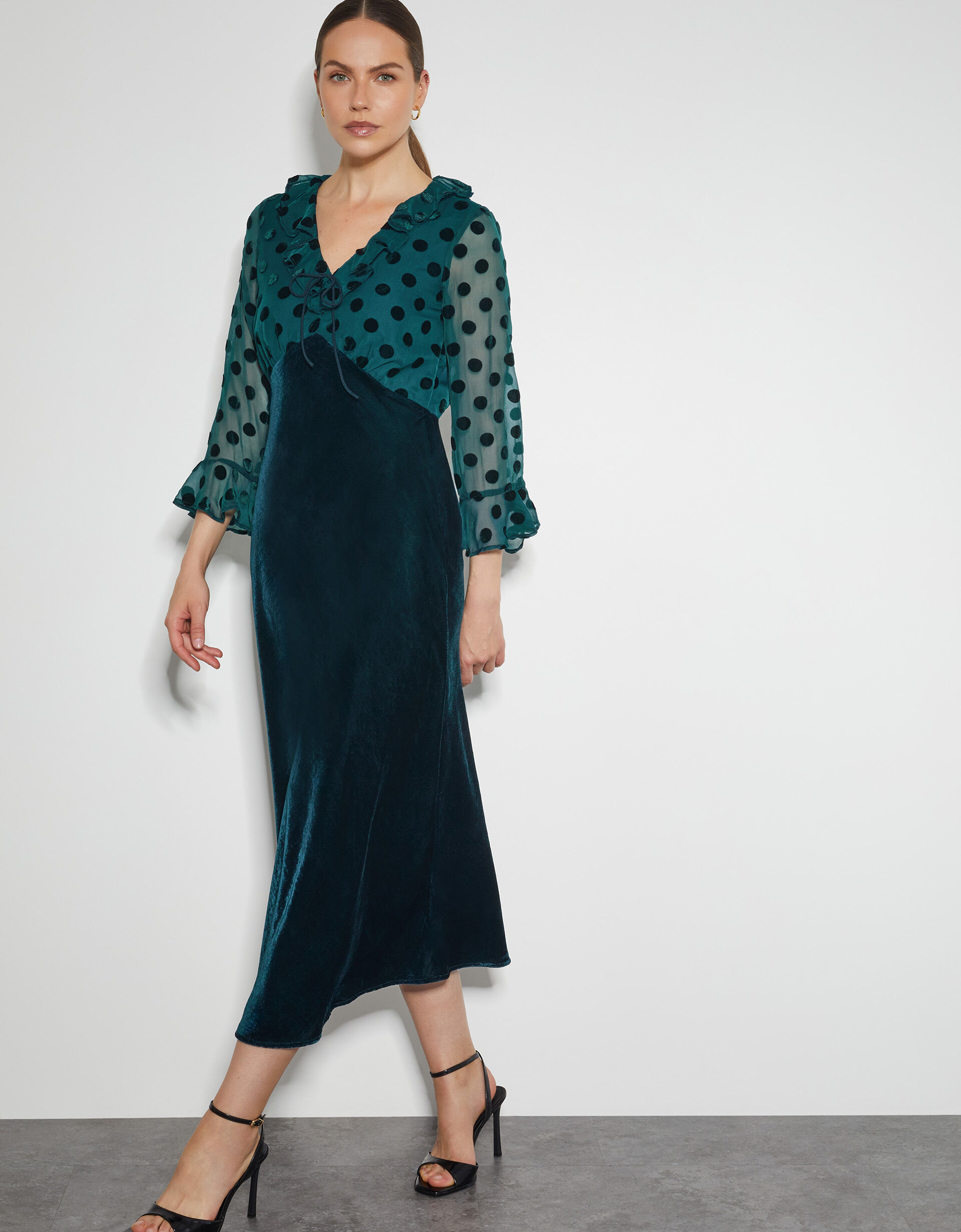 Velvet Polka Dot Lace-Trim Cami Midi Dress