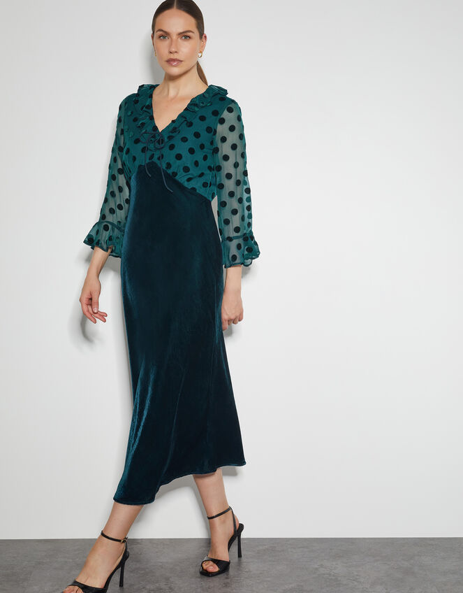 Dora Polka Dot Velvet Midi Dress, Teal (TEAL), large