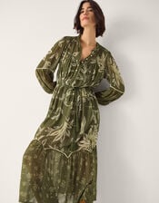 Leona Print Long Sleeve Midi Dress, Green (KHAKI), large
