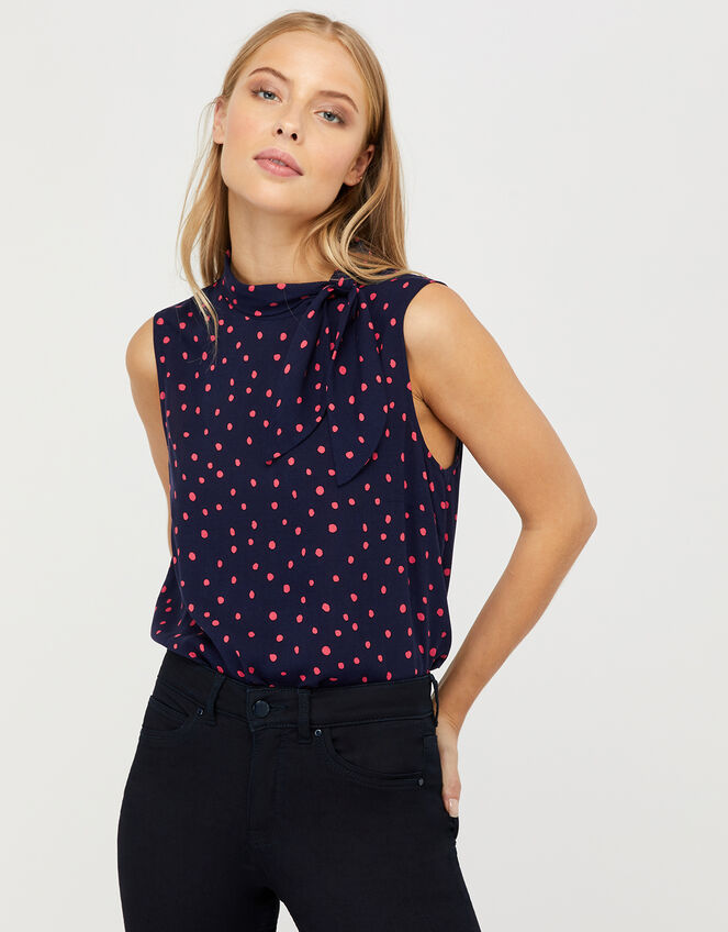 Tori Spot Tie Neck Sleeveless Blouse, Blue (NAVY), large