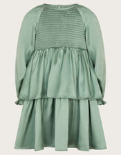 Long Sleeve Smocked Satin Dress, Green (GREEN), large