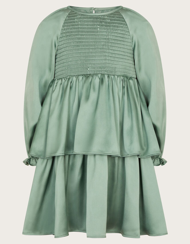 Long Sleeve Smocked Satin Dress, Green (GREEN), large