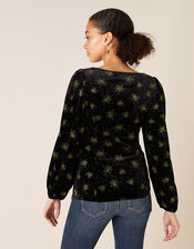 Ebony Glitter Print Stretch Velvet Top, Black (BLACK), large