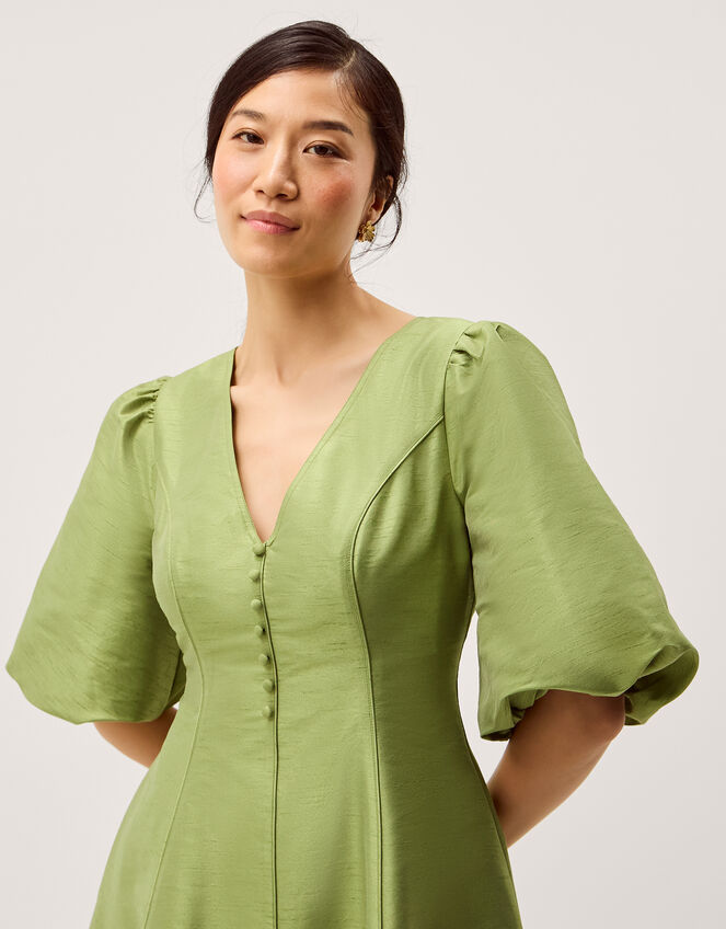 Beatrice Puff Sleeve A-Line Midi Dress Green