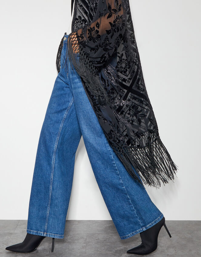 Darcy Fringe Floral Devore Kimono, Black (BLACK), large