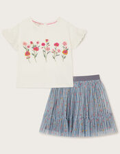 Floral T-Shirt and Tulle Skirt Set, Blue (BLUE), large