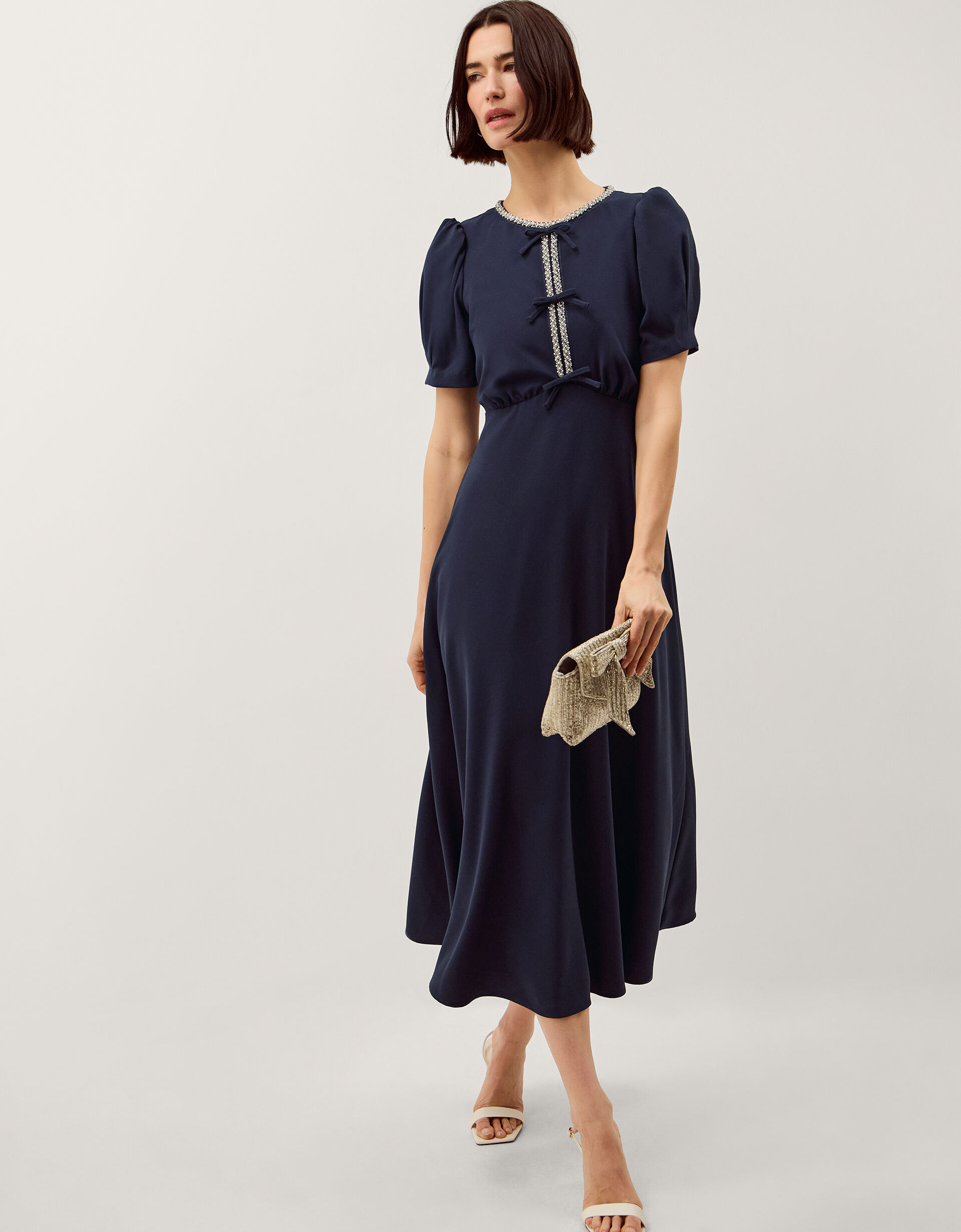 Bonnie Bow Puff Sleeve Midi Dress Blue