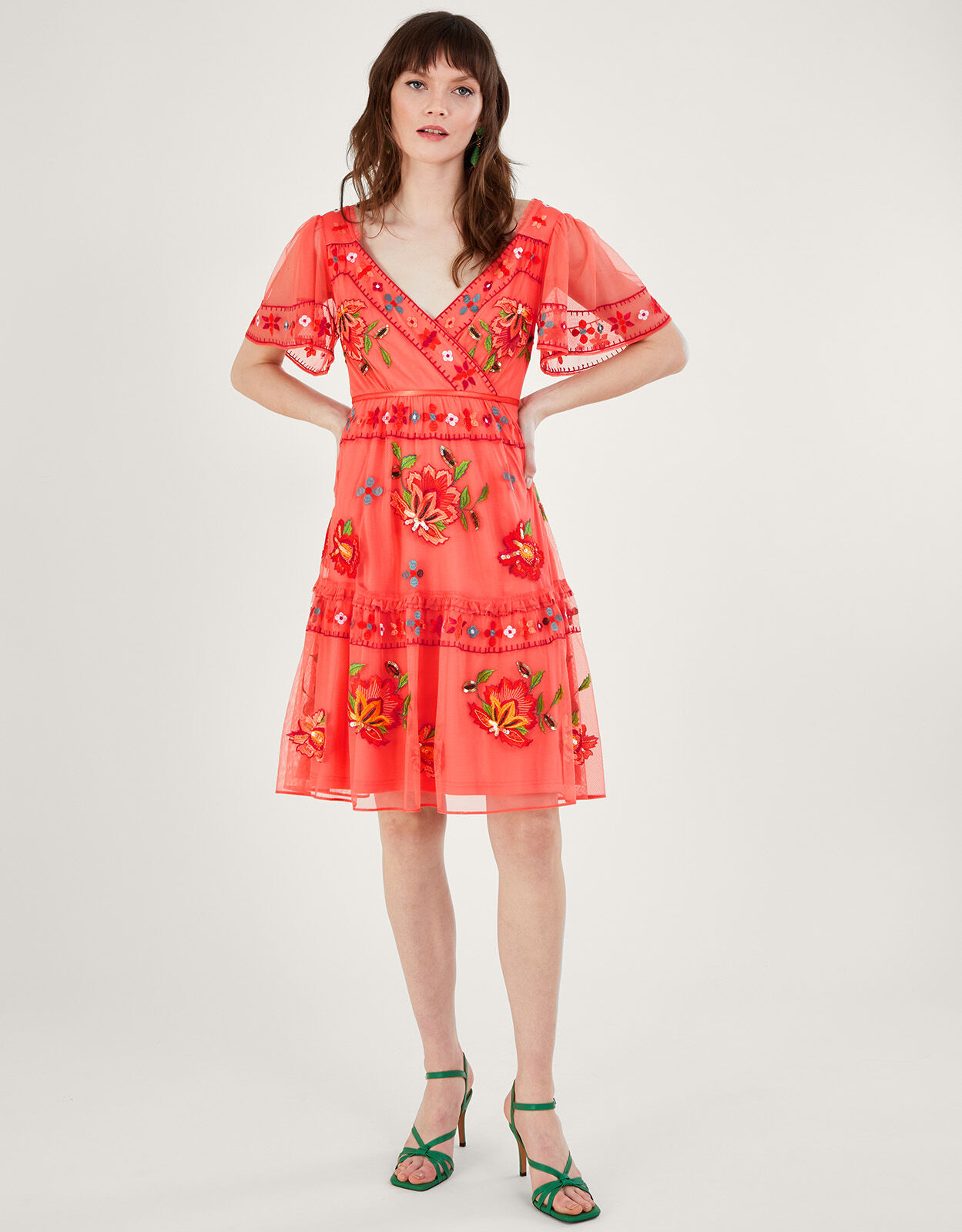 Ana Embroidered Tiered Dress in Recycled Polyester Orange