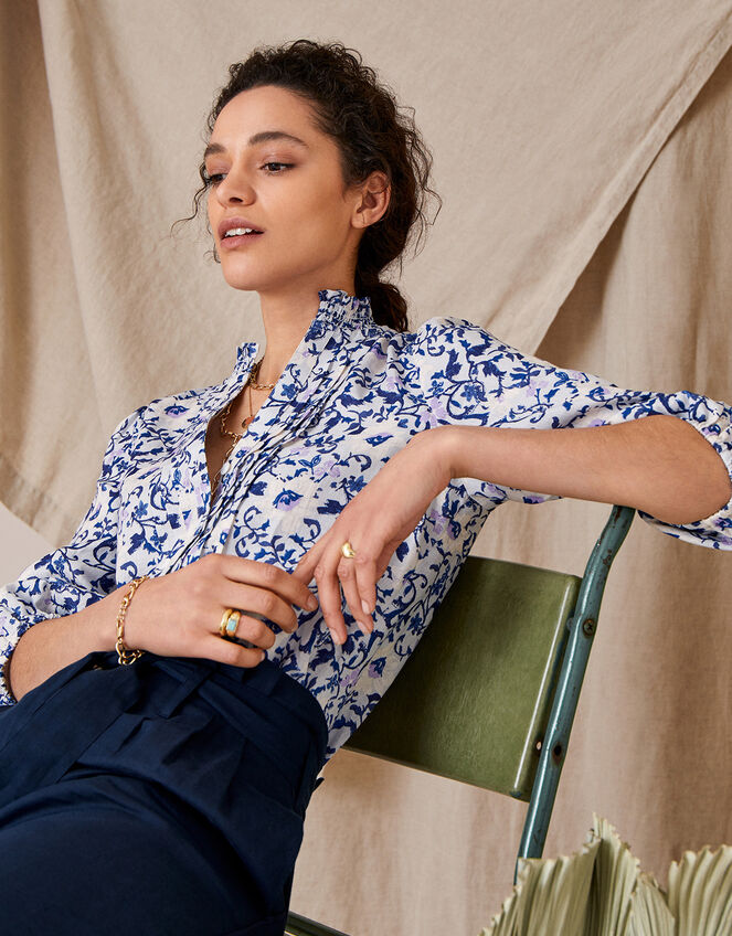 Francine Floral Blouse in Pure Linen, Blue (BLUE), large