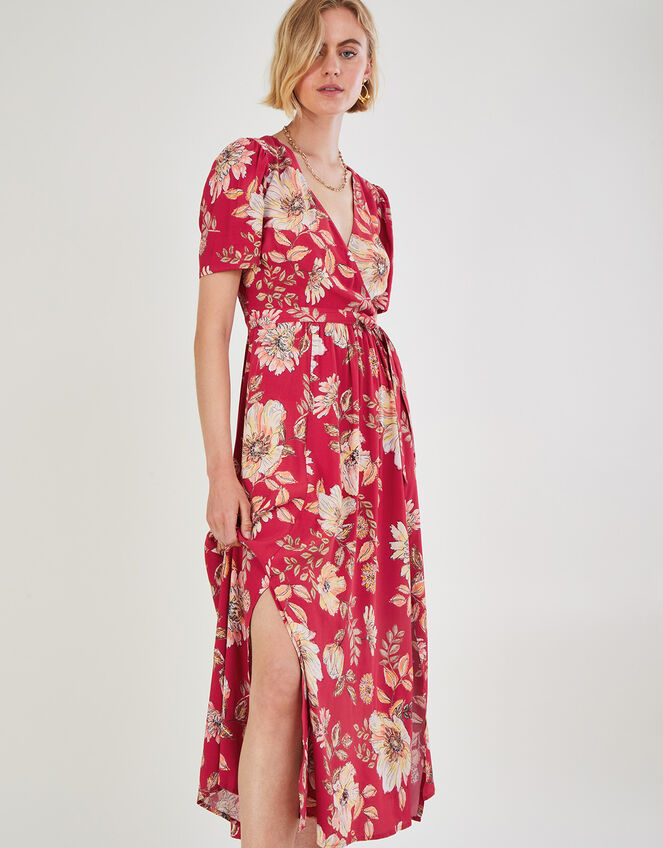 Bex Sequin Floral Wrap Dress, Red (RED), large