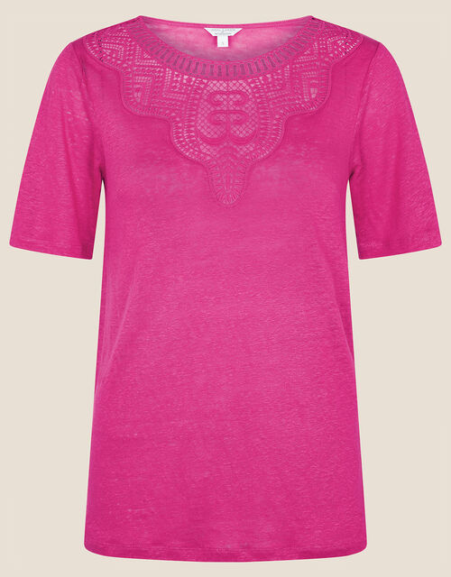 Embroidered Detail Jersey Linen T-Shirt, Pink (PINK), large