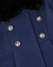 Faux Fur Trim Military Style Coat, Blue (BLUE), large