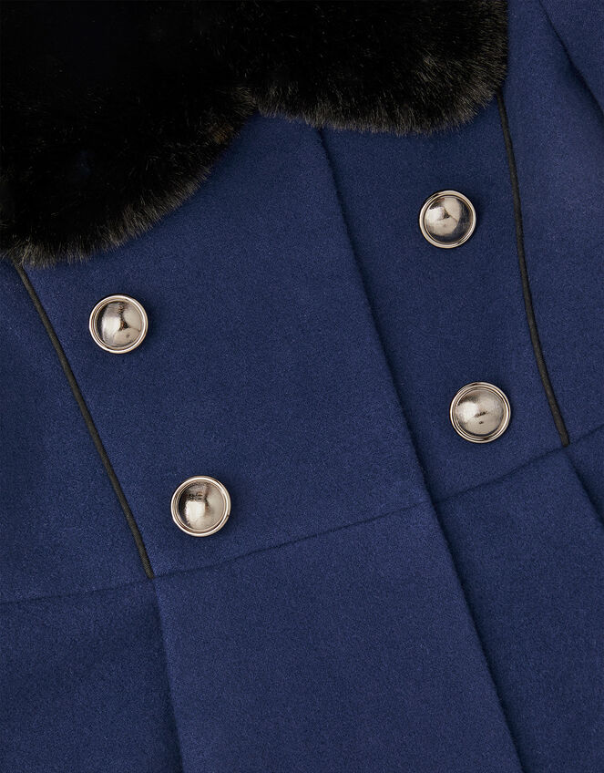 Faux Fur Trim Military Style Coat, Blue (BLUE), large