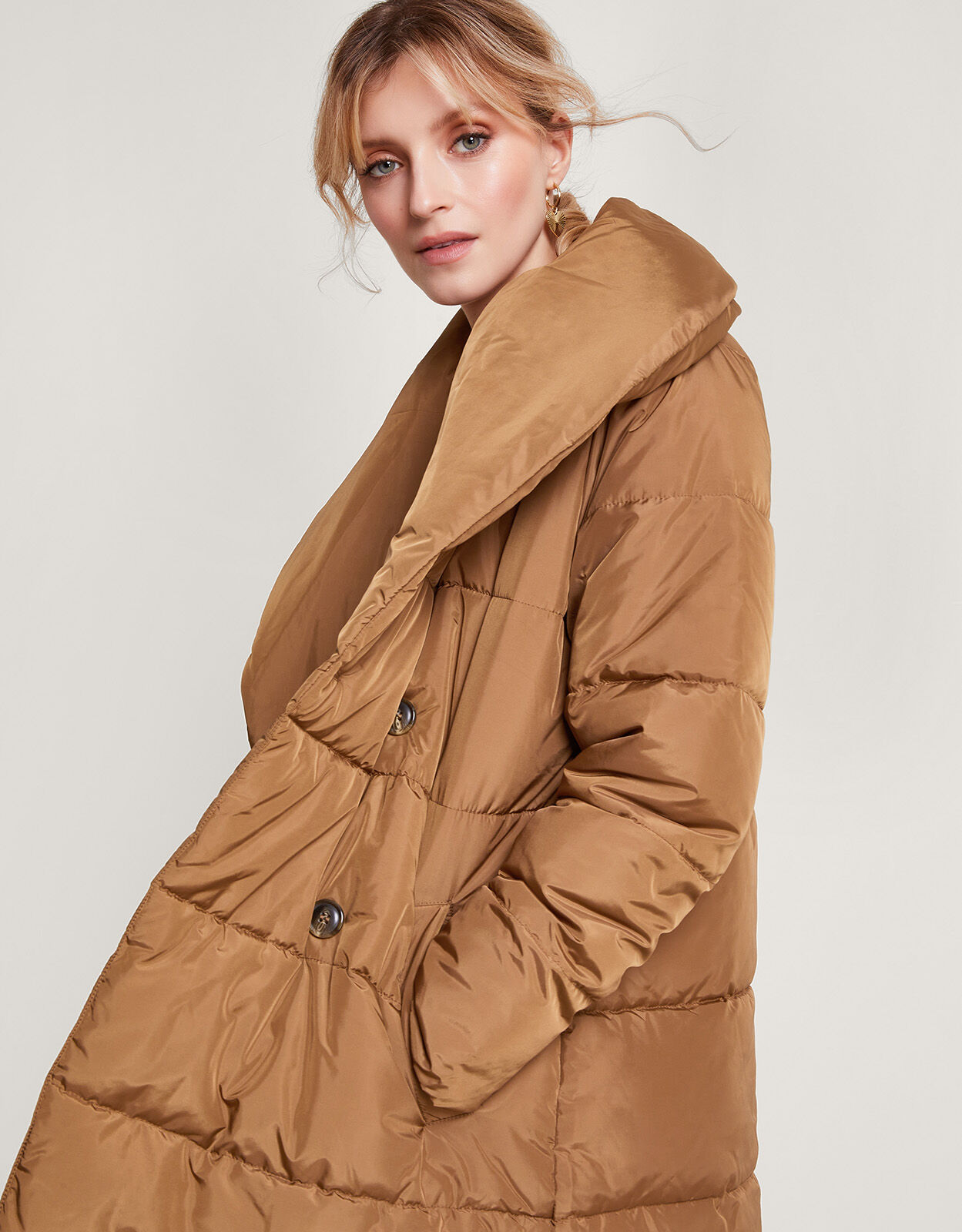 ジャケット・アウター Silk Polyester Shawl Collar Down Coat Shannon Shawl Collar Padded Coat Camel | Women's Coats | Monsoon UK.