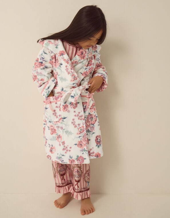 Floral Print Fleece Dressing Gown, Cream (CREAM), large