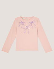 Sequin Bow Long Sleeve Top, Pink (PINK), large