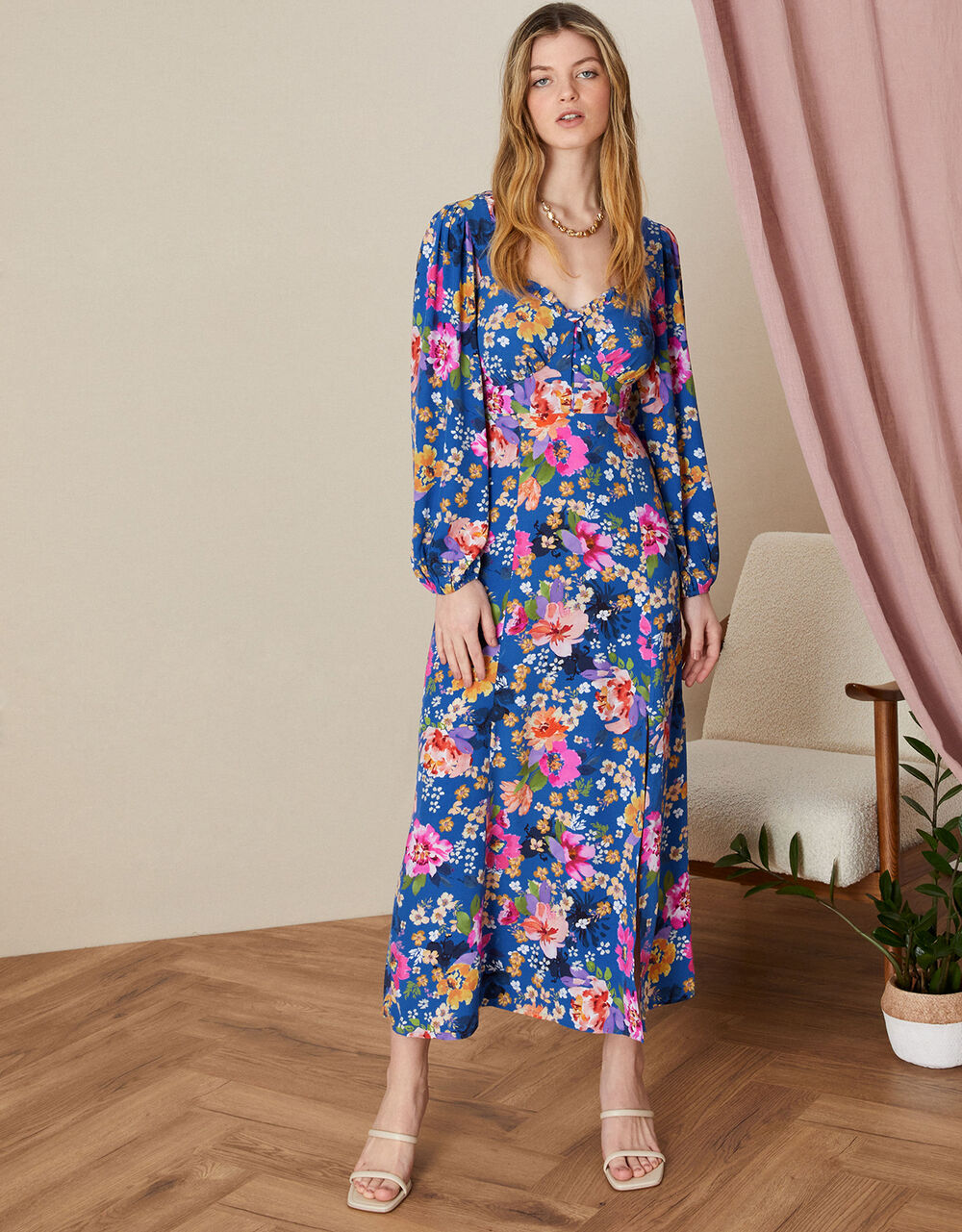 Florella Floral Midi Dress in Sustainable Viscose Blue | Evening ...