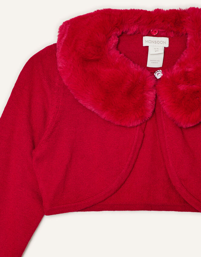 Super-Soft Faux Fur Collar Cardigan, Red (RED), large