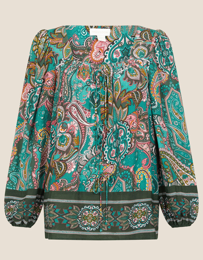 Elaina Paisley Square Neck Top, Green (GREEN), large