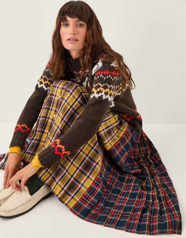 Monsoon x Sarah Corbett-Winder Tartan Pleated Midi Skirt, Yellow (YELLOW), large