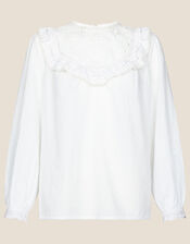 Frill Bib Blouse in Pure Cotton, Ivory (IVORY), large