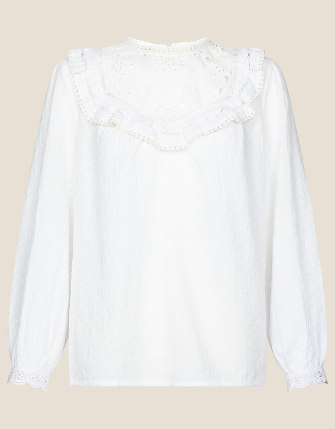 Frill Bib Blouse in Pure Cotton, Ivory (IVORY), large