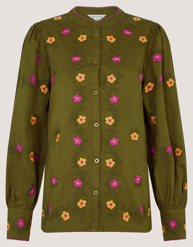 Andrea Floral Embroidered Blouse, Green (KHAKI), large