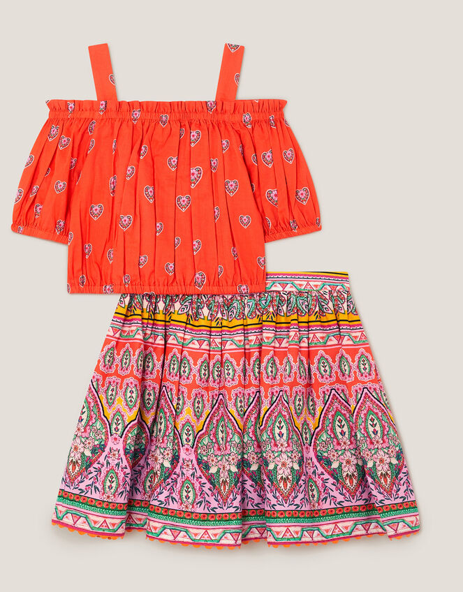 Floral Print Bardot Top & Skirt Set, Orange (ORANGE), large