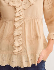 Petra Embroidered Ruffle Blouse, Camel (CAMEL), large